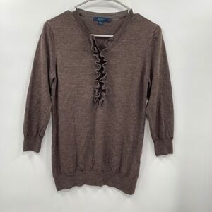 Boden Brown‎ Wool Ruffle Front 3/4 Sleeve Sweater Top Women's Size 12